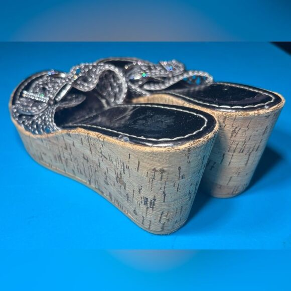 Yellow Box Braided Metallic Rhinestone Buckle Cork Wedge Sandals Size 8 EPC - Picture 4 of 8